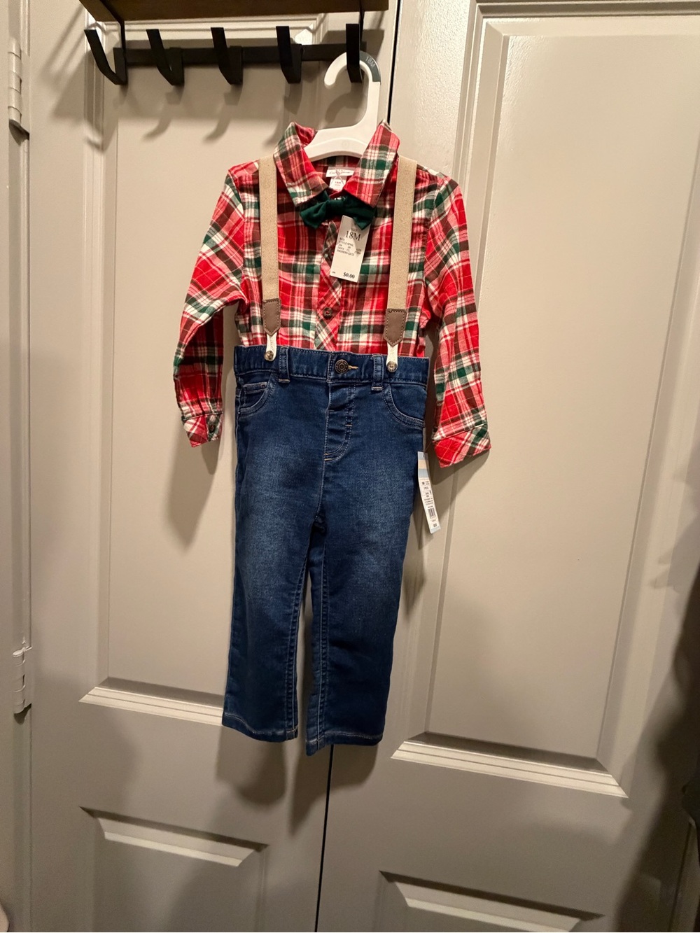 Cat & Jack outfit, Red and Green Plaid shirt, Blue Denim Jeans with Suspenders